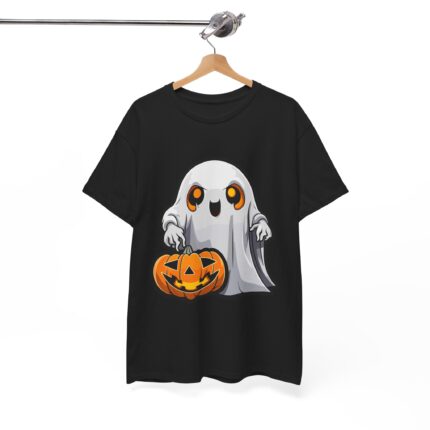 White Ghost Pumpkin Halloween Unisex T-shirt – Black Edition (Chest Print Design)